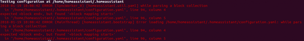 Error in configuration.yaml in line 94 - error parsing block collection indicates that there is an indentation problem.